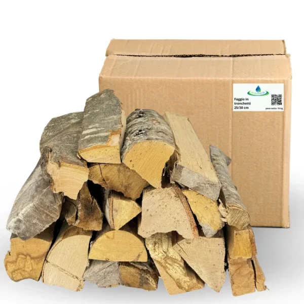 acquaverde | Legna da ardere di Faggio, Tronchetti da 25 cm, Secca e pronta all'uso per Riscaldamento, Stufe, Caminetti, Barbecue (15 Cartoni, 225 kg)